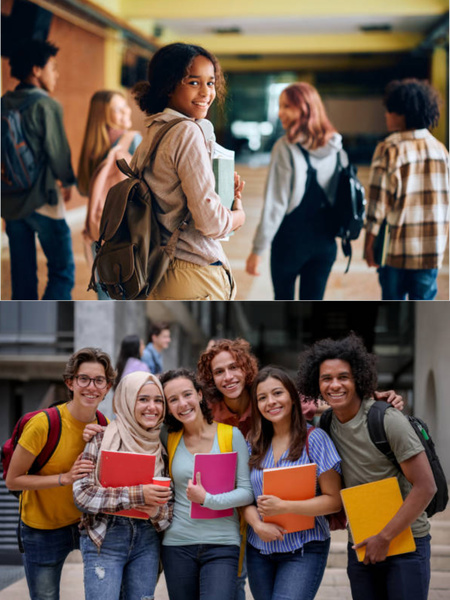 Girl looking back and students holding notebooks