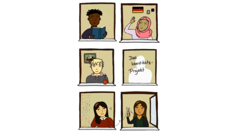 German comic drawing six images of people