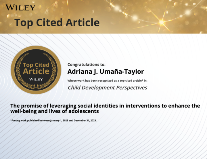 the image displays a certificate for achieving one of the top cited articles in the child development perspectives journal
